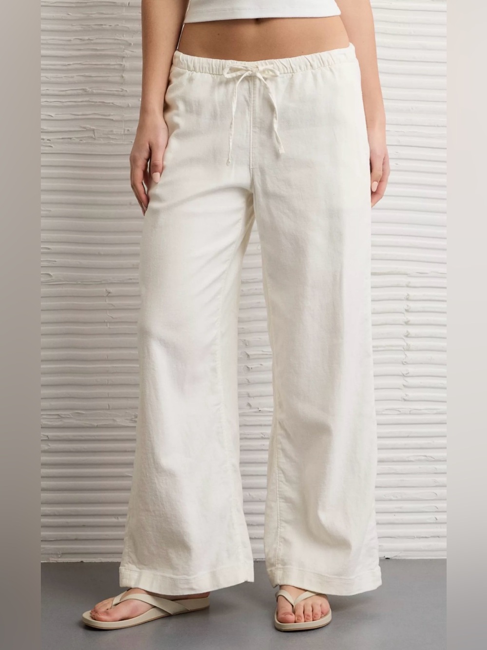 American Eagle Outfitters Natural Linen Wide-Leg Low Rise Drawstring Pants